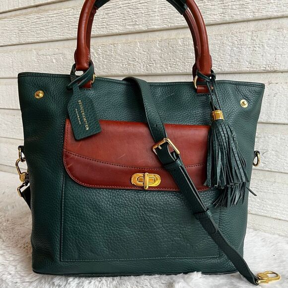 ISAAC MIZRAHI Green Brown Leather Laptop Work Tote Shoulder Bag Bridgehampton - Picture 5 of 12
